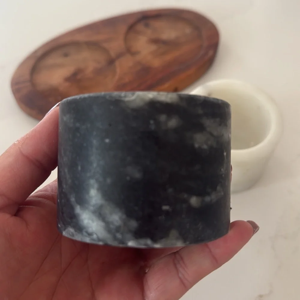 Marble Salt And Pepper Holders on Wooden Tray